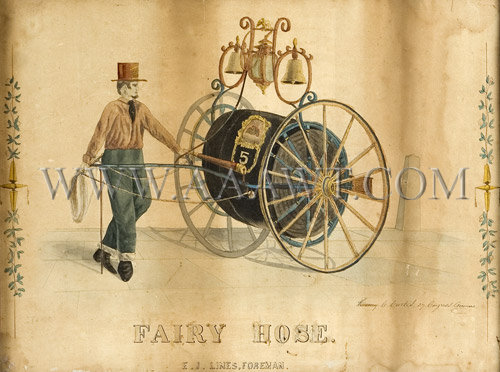 Antique Watercolor, Fireengine, Fair Hose Cart, close up